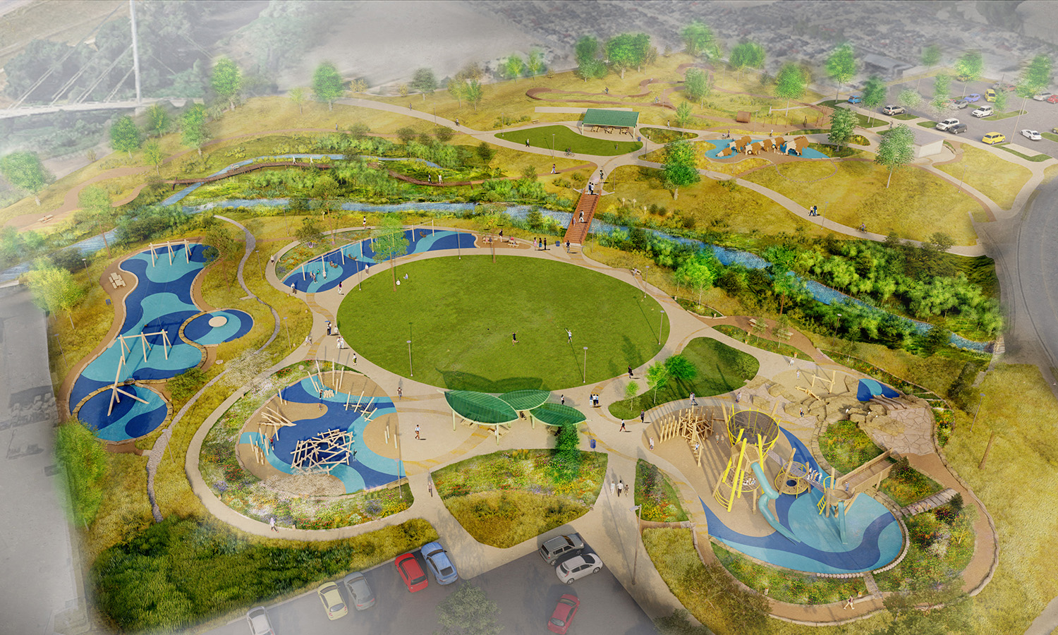 Aerial rendering of Gold Strike Park with Ralston Creek running through the middle.