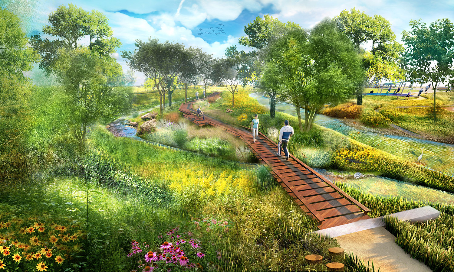 Rendering of a boardwalk through a the enhanced Riparian zone at Gold Strike Park.