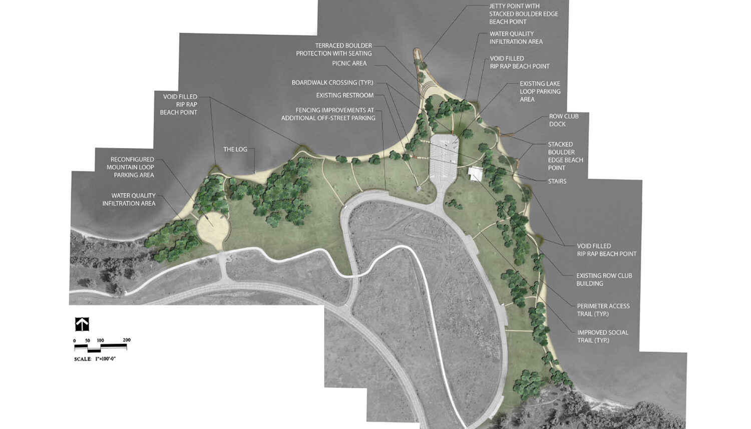 A digital plan rendering shows a crescent of proposed conditions along the edge of the reservoir. The plan labels picnic areas, parking areas, water quality areas, docks, and trails.
