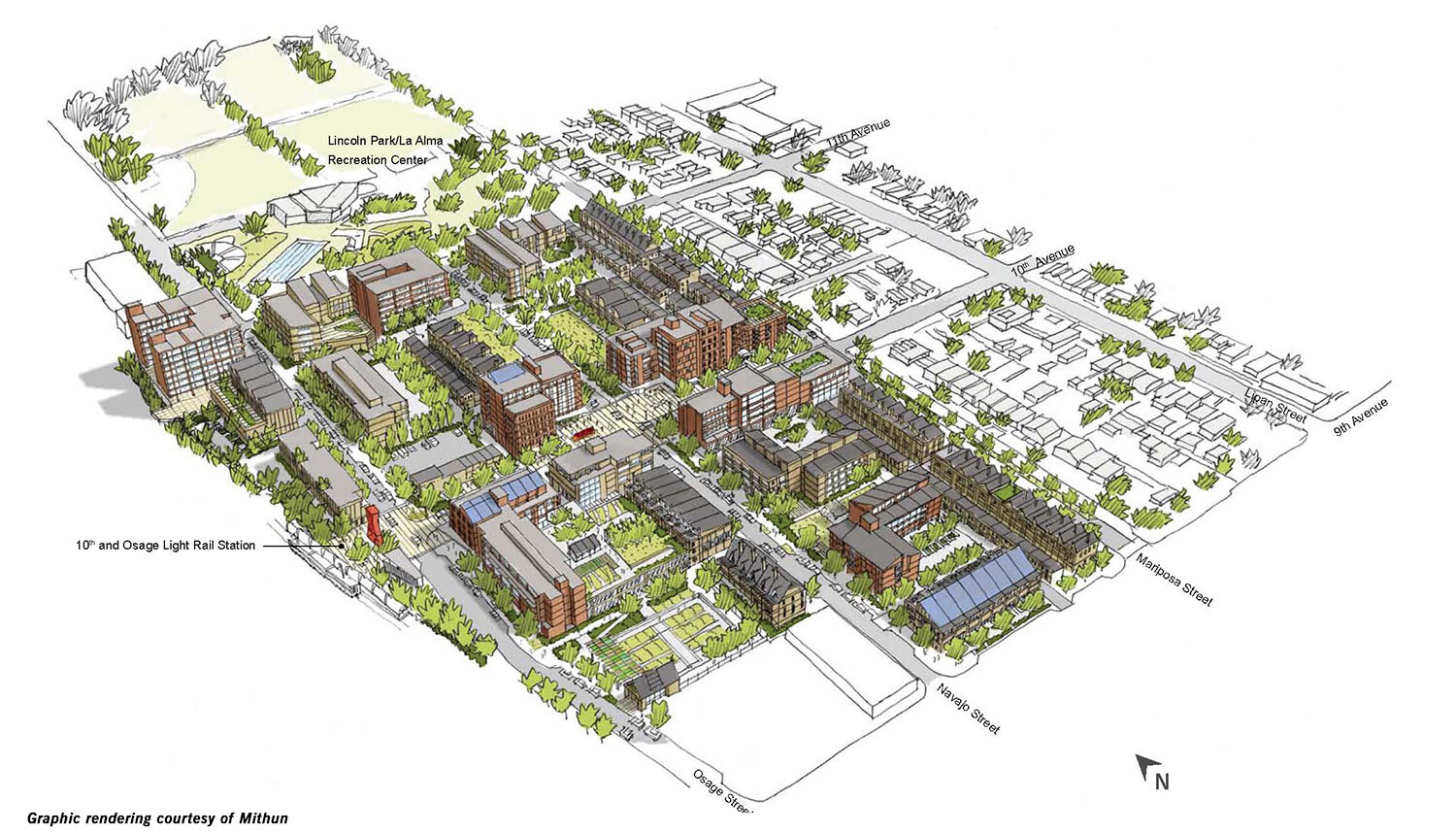 A graphic rendering of a small downtown area with the 10th and Osage Light Rail Station and the Lincoln Park Recreation Center.
