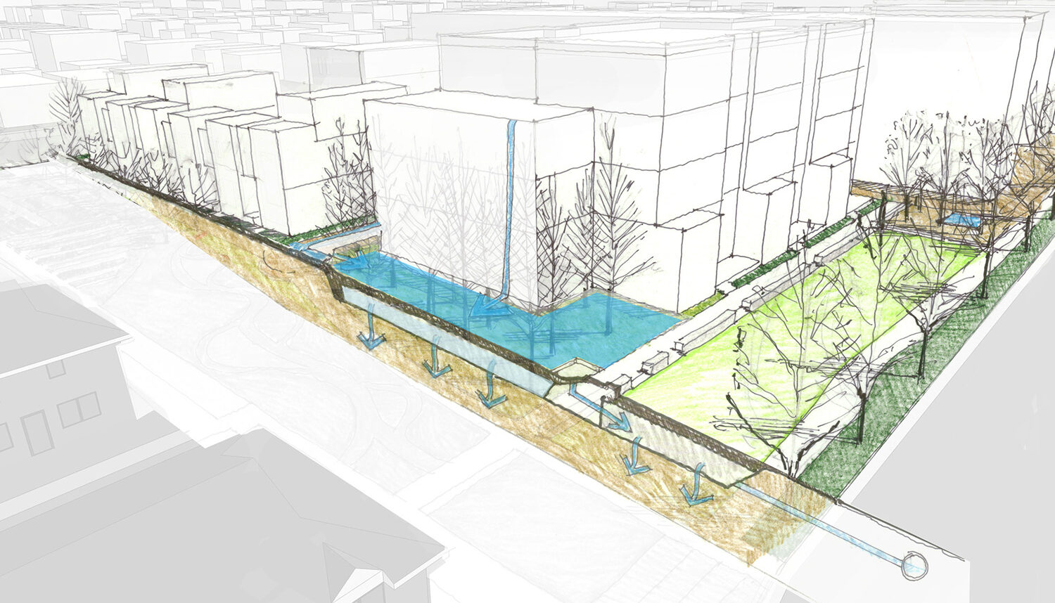 A hand drawn perspective that diagrams how water is managed off of and near the buildings.