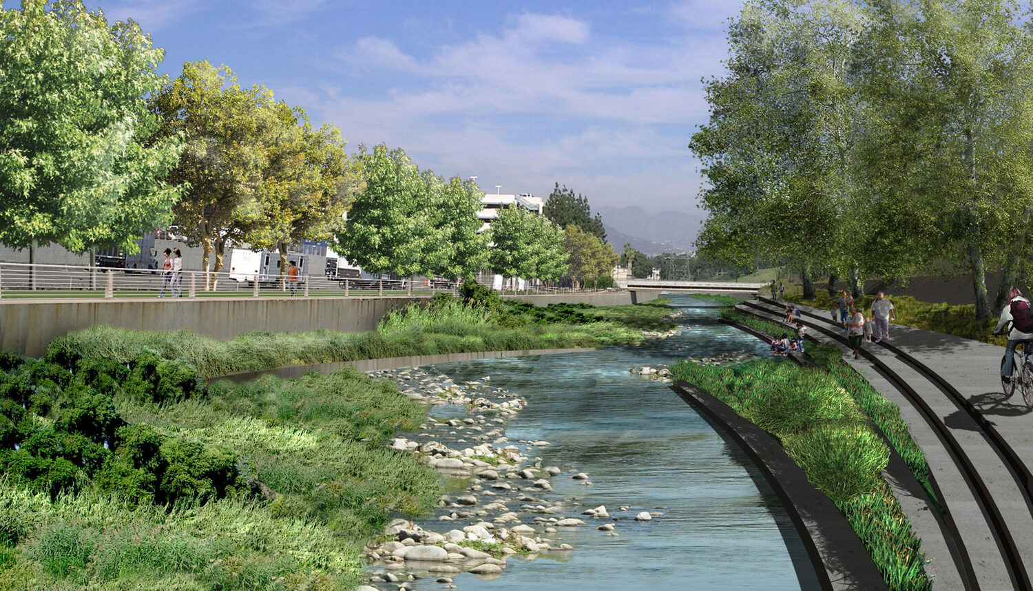 A digital render shows a stream with pedestrian walkways on either side, one raised and one nearly at the level of the water.