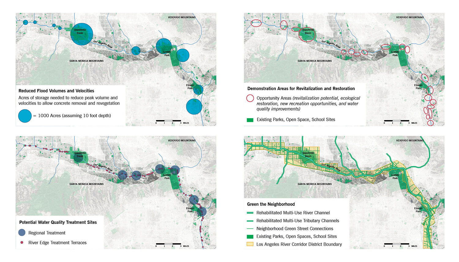 Four diagrams shows visual data overlaid on a map of the Los Angeles River withe the following titles: Reduced Flood Volumes and Velocities; Demonstration Areas for Revitalization and Restoration; Potential Water Quality Treatment Sites; and Green the Neighborhood.