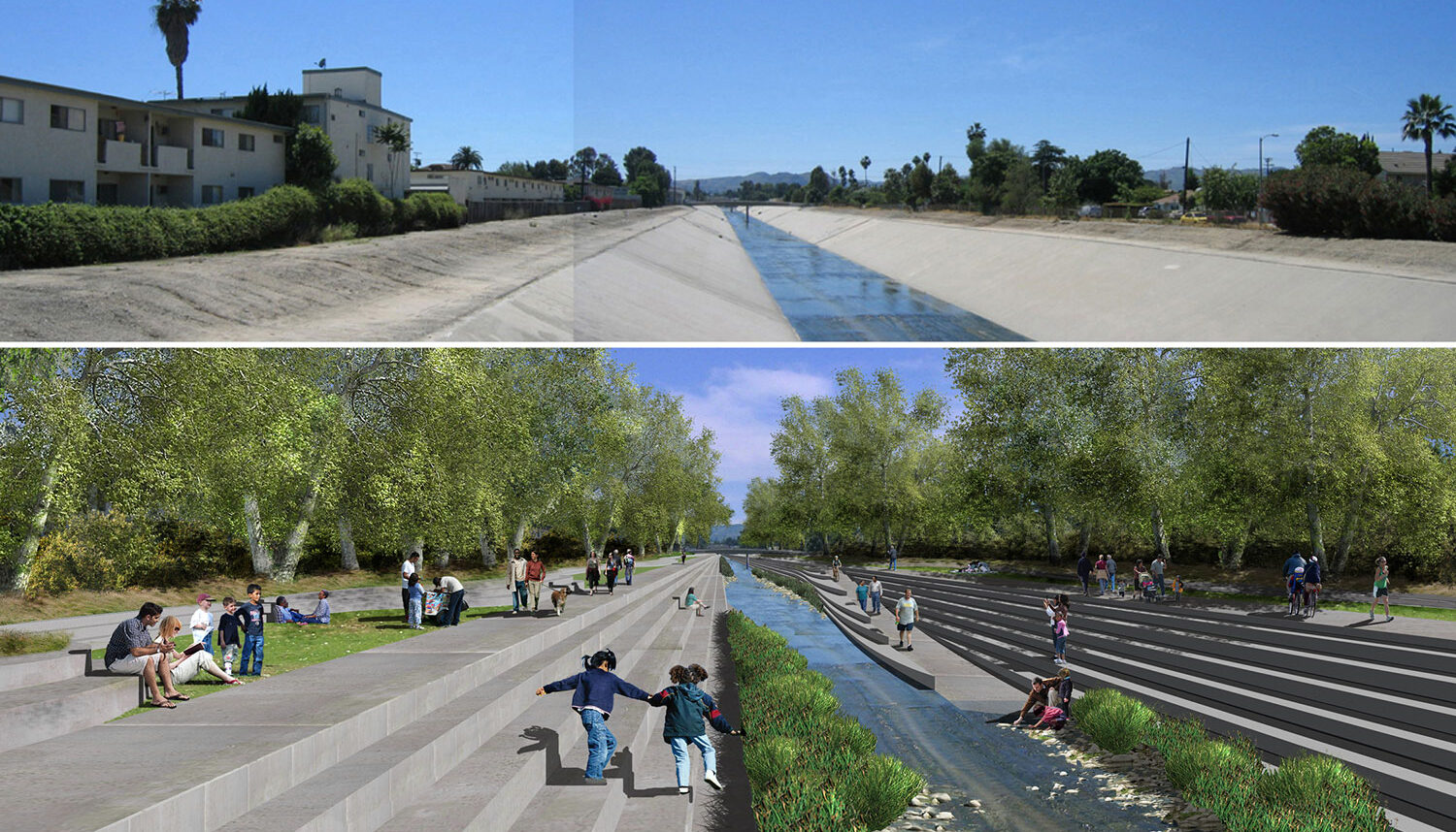 Two images: the top is a photo of the Los Angeles river as a concrete channel with barren sides and no activity. The bottom is of the same area with terraced concrete stairs leading to the water with ramps, vegetation, trees, and people reading.