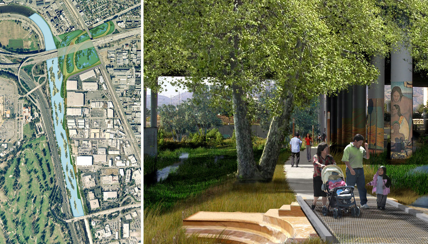 Two images. The first is an aerial satellite image wiht a digital overlay of proposed design for the river. The second is a digi8tal render of people walking along a pedestrian pathway along the river with trees and vegetation.