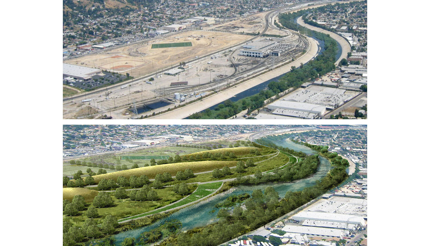 Two images. the first is an aerial photo of the LA River with concrete channelized banks along an industrial railroad station. The second is of the same area, but with a digital overlay of green fields, concrete pathways, and naturalized banks.