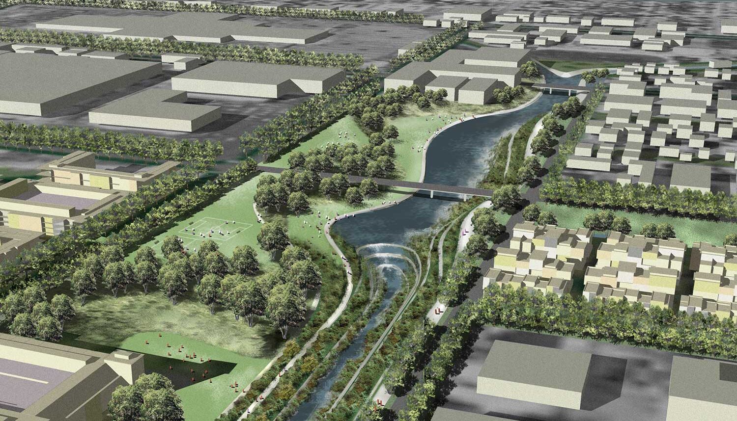 A digital rendering shows an aerial view of the LA River with natural banks, soccer fields, open green areas, and trees.