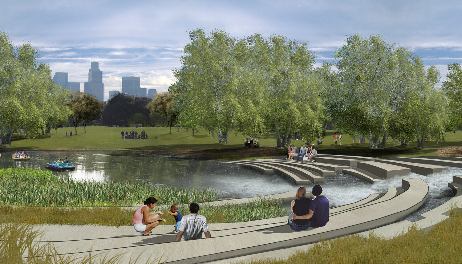 A digital rendering shows a perspective of a seating area surrounding a pond with water flowing in from the river. A park with trees and people relaxing is in the background.