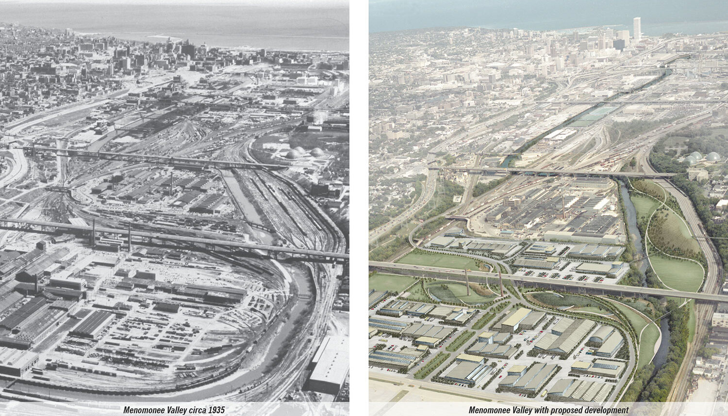 Two images. The first is a black and white photo showing, from an aerial perspective, a heavily industrial area on the outskirts of a city. Railroads, transit stations, roadways, bridges, and warehouses. The photo is dated 1935. The second image is a graphic rendering overlaid on to the first photo which shows serpentine walking paths navigating through new grassy meadows and natural areas.