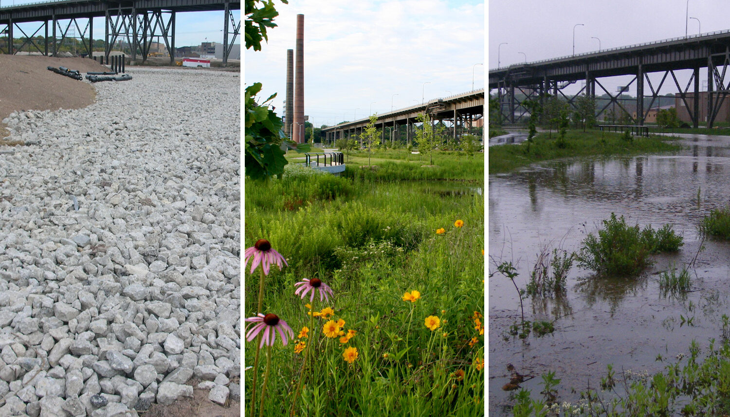Three images. The first is of a construction site where fist-sized white stone is laid down under the viaduct. The second is a green field with purple and yellow flowers in the foreground and smokestacks behind. The third is of the same location as the previous, but under multiple feet of water.
