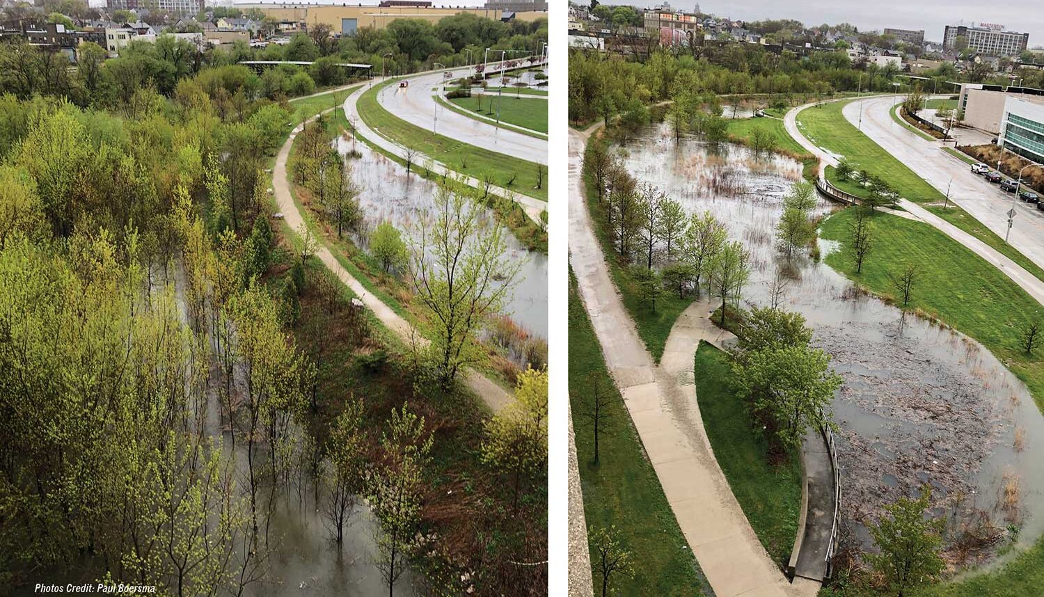 Two images. The first is from a drone and shows a young forest flooded with standing water on either side of a gravel pathway elevated on an earthen berm. The second is of the same area and shows a flooded detention pond near the raised berm.