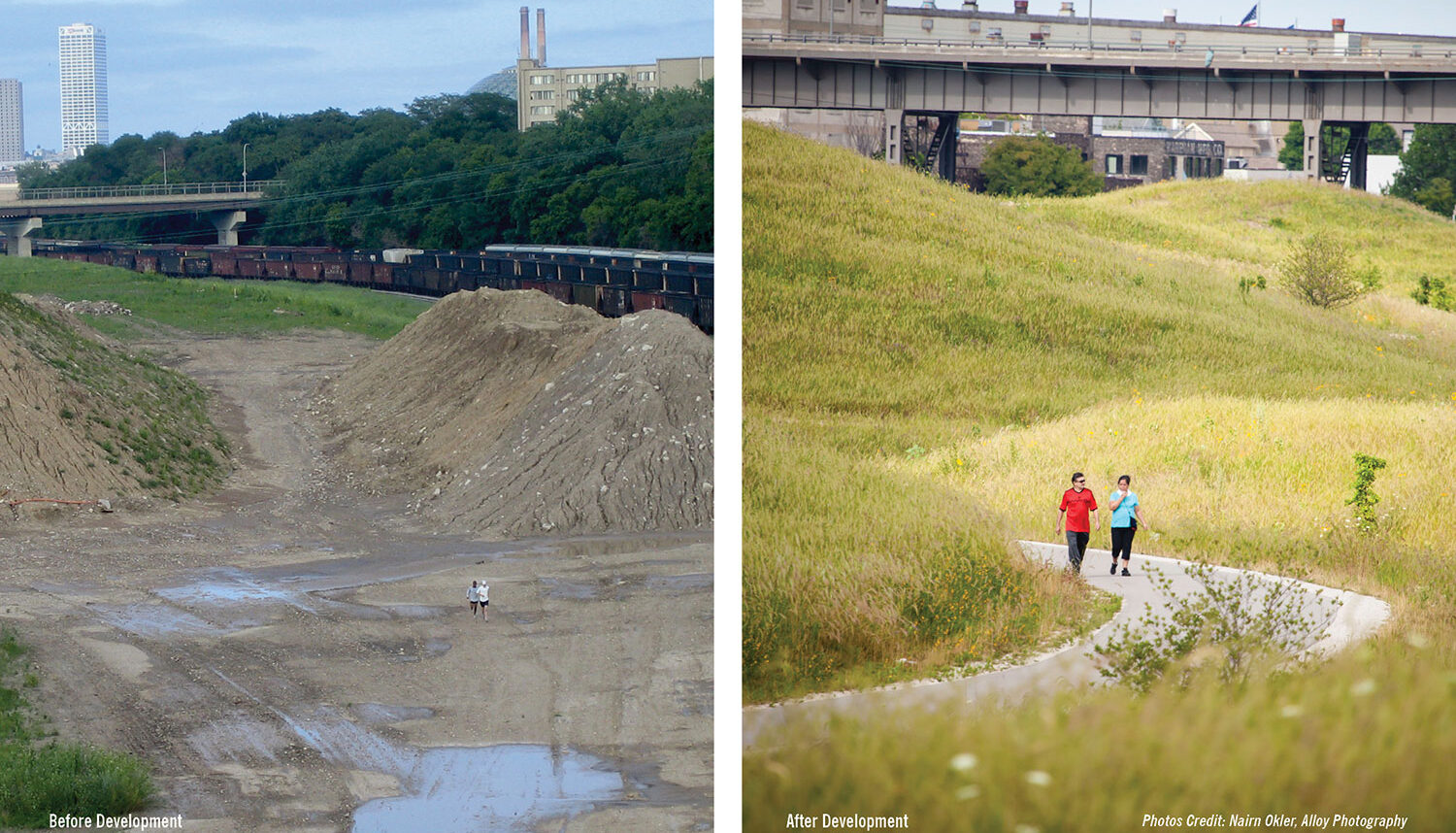 Two images: The image to the left shows the conditions before development which consists of mounds of bare dirt, puddles, and railcars in the background. The image to the right shows conditions after development: rolling hills covered in tall grasses with a pedestrian path weaving between.