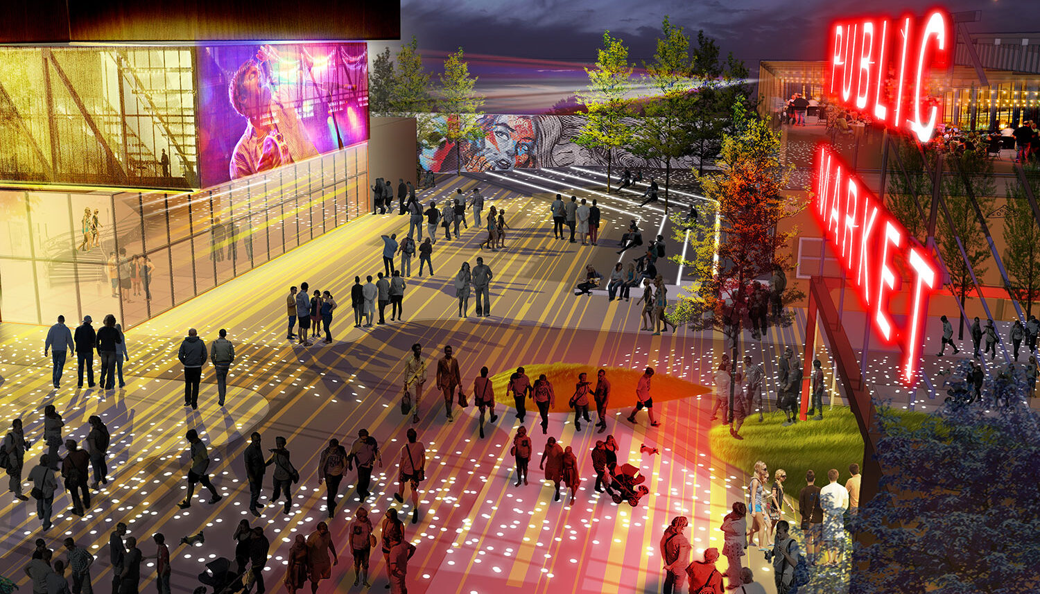 A digital perspective shows a night-time scene of a plaza full of people surrounded by lights, trees, and murals.
