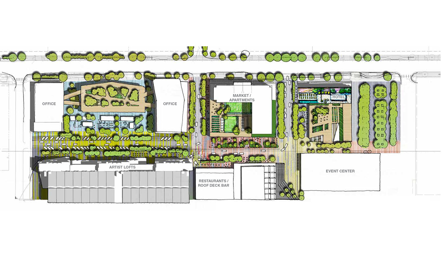 A hand drawn perspective shows three blocks of design with streetscapes, plazas, courtyards etc.