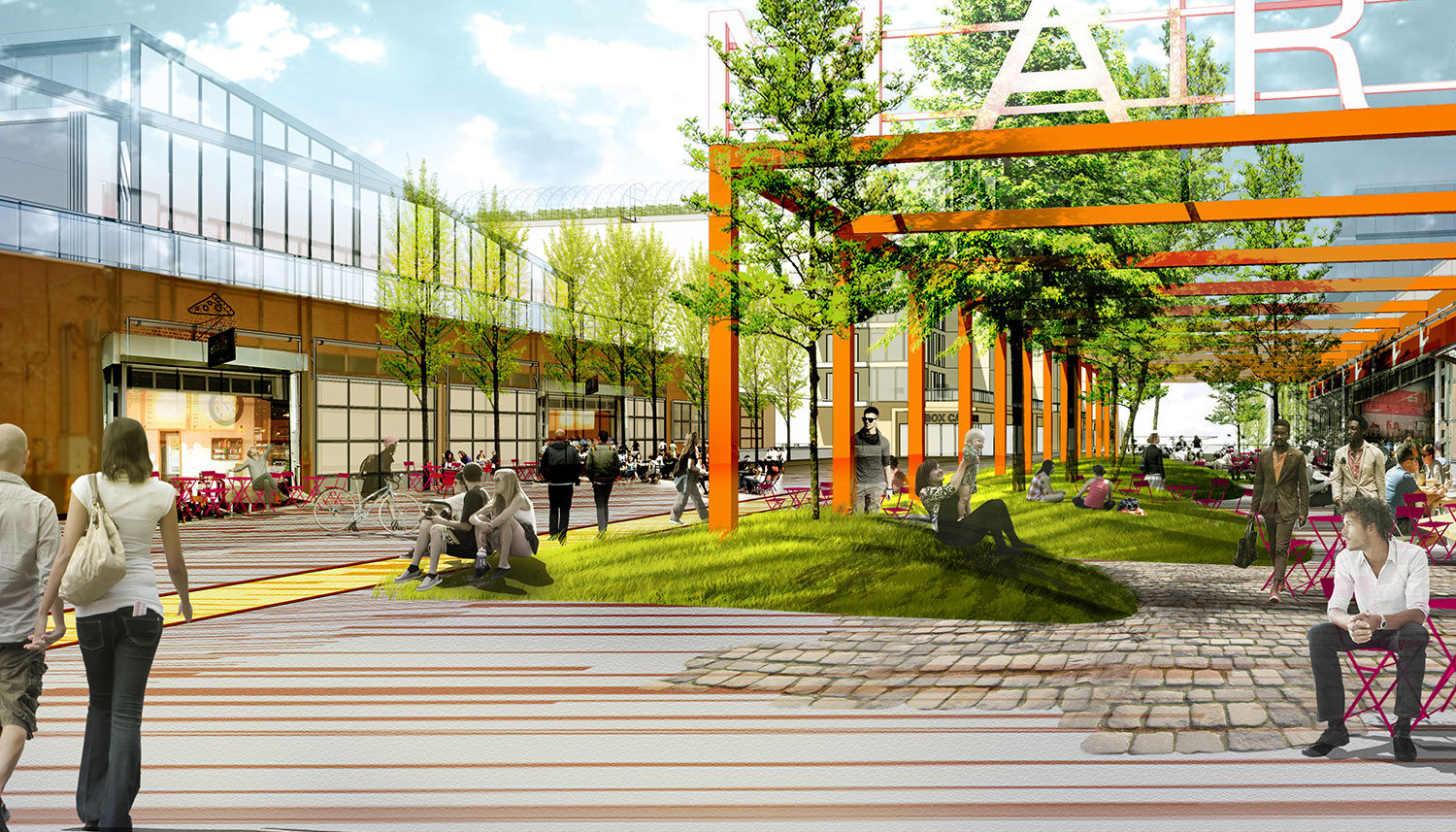A digital rendering shows people lounging in a courtyard with mounds of turf grass and trees all within an open air structure of orange trusses.