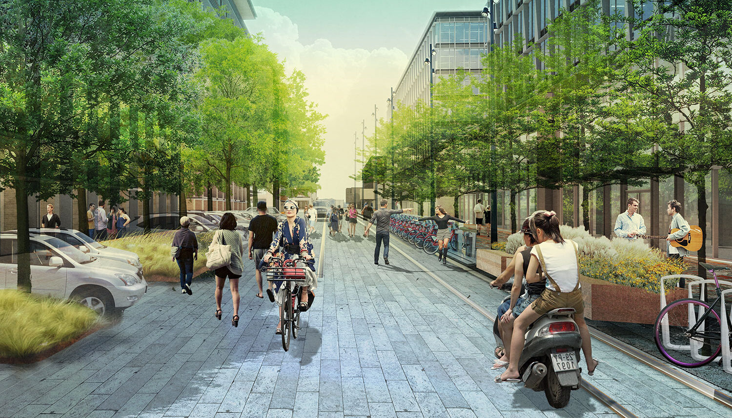 A digital rendering shows a woonerf style streetscape with parked cars, bikers, and pedestrians walking beneath trees.