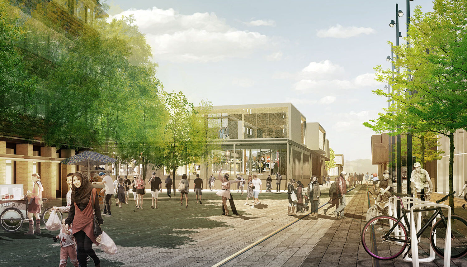 A digital rendering shows a paved pedestrian area with bike racks, trees, street vendors, and retail in the background.