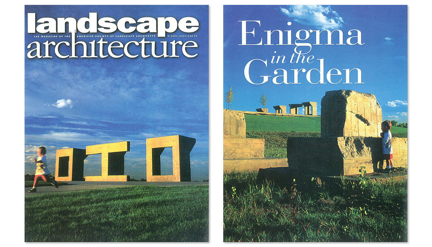 Two images, both of magazine covers, show industrial concrete forms set within green turf grass.
