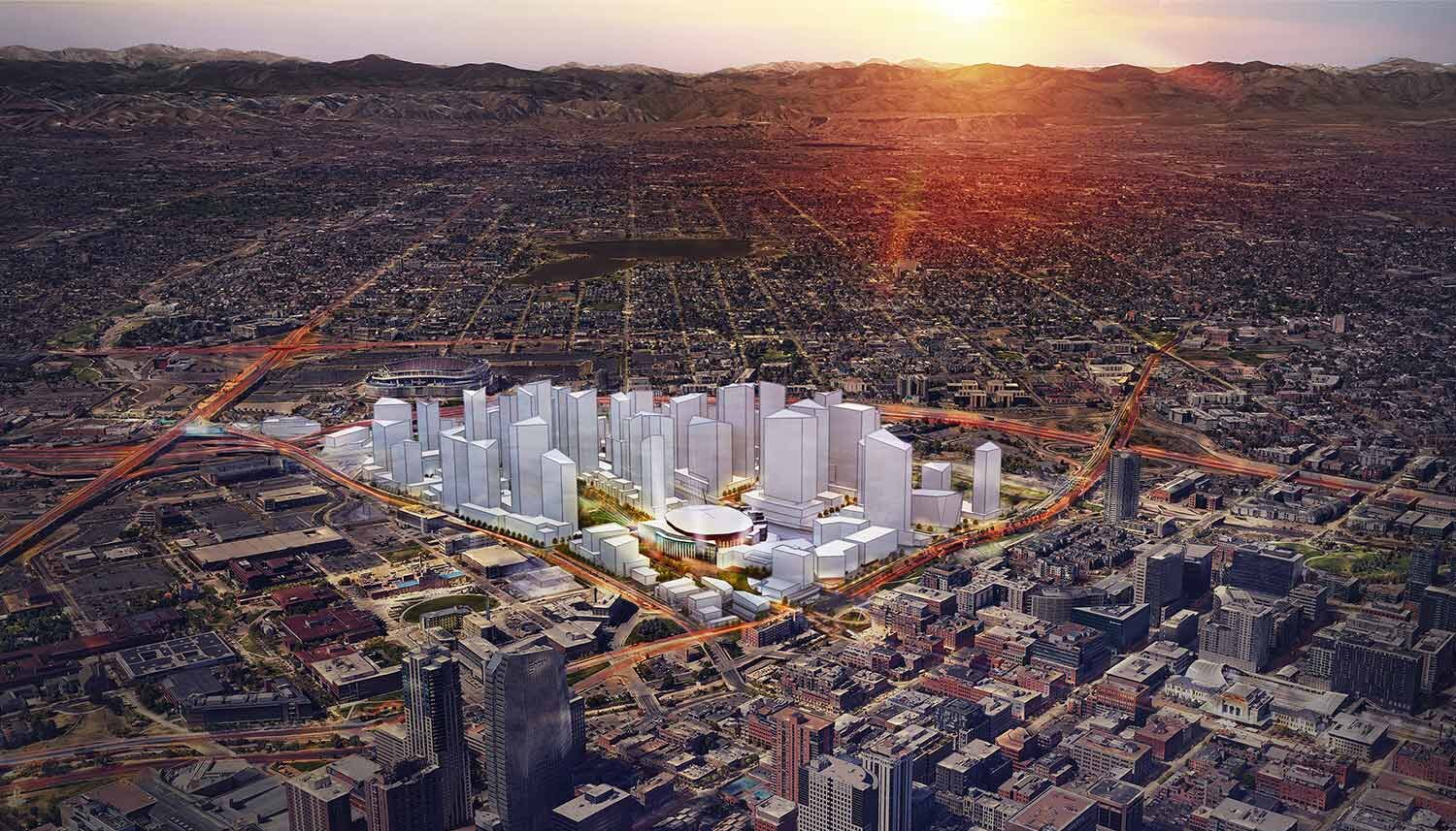 A digitally rendered aerial perspective shows the future Ball Arena development buildings as white volumes surrounded by a satellite image of the current Denver city.