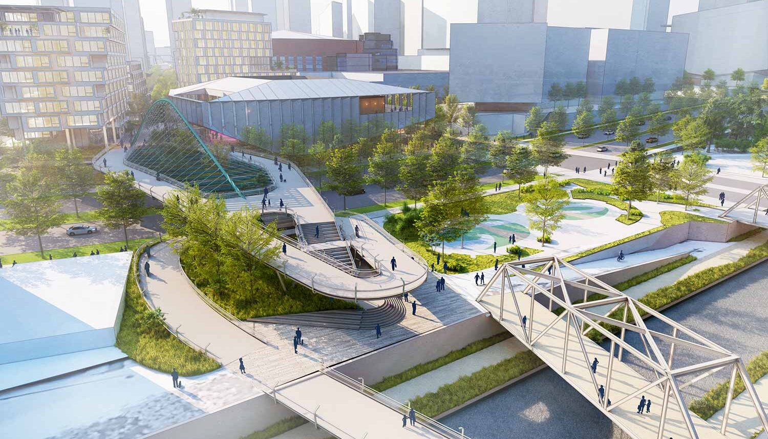 A digital render of Speer Boulevard and Cherry Creek shows a helix style pedestrian bridge corkscrewing up and over the road into the development.