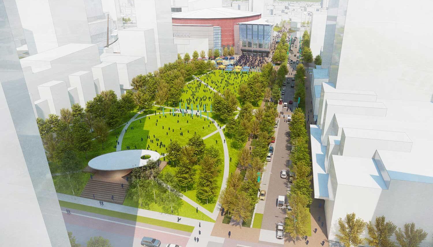 A digitally rendered perspective shows a large park with an event structure at one end and the arena with a viewing party at the other.