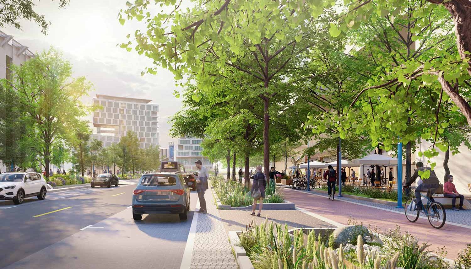 A digital perspective of Wynkoop Street shows brick paving, water quality planting gardens, and many trees.