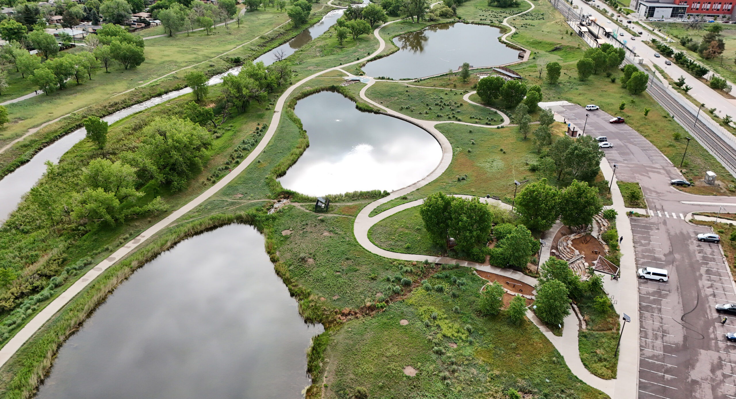 aerial view of parks and adjacent lakes