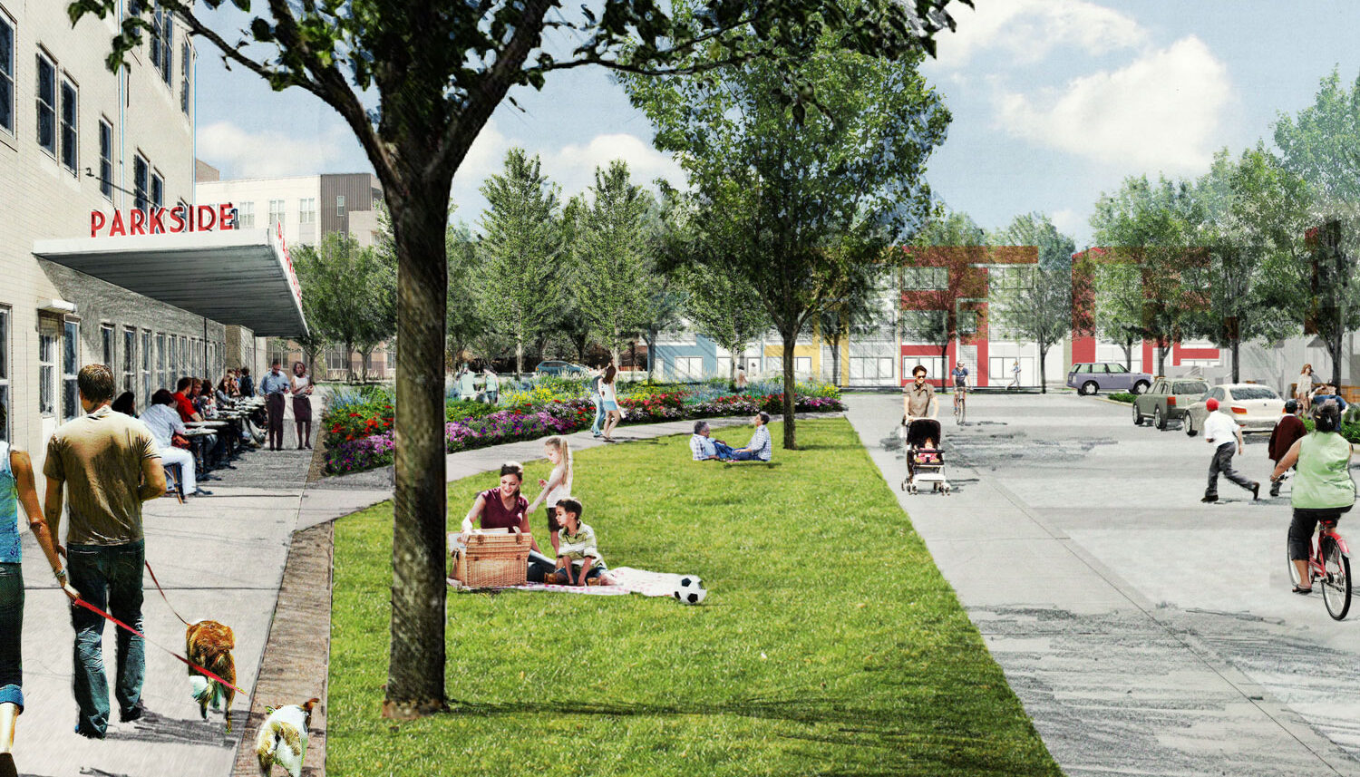 perspective rendering of people relaxing in a neighborhood pocket park