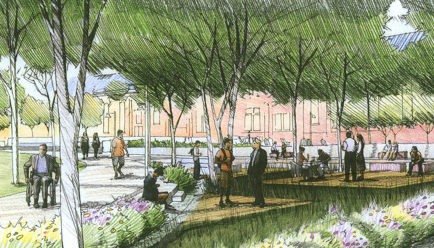 A hand drawn perspective of students and professors walking, sitting, and dining under a shady canopy.