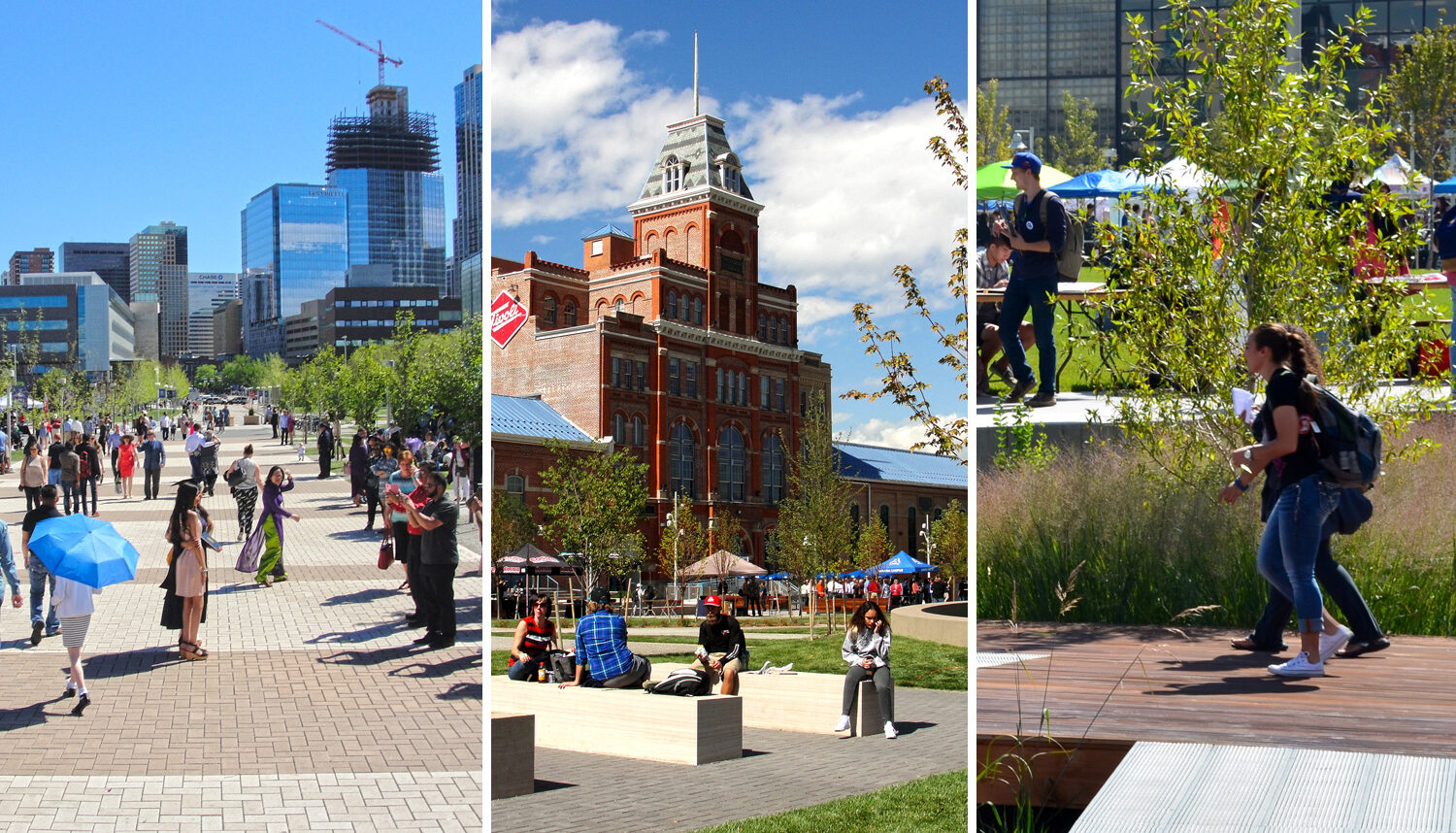 This image is compiled of three photos. The first shows the banded colors of the wide pedestrian walkway full of people. The next has students sitting on sandstone slab benches with the Tivoli building behind. The third shows students walking on the raised platforms that bridge over the water quality areas.
