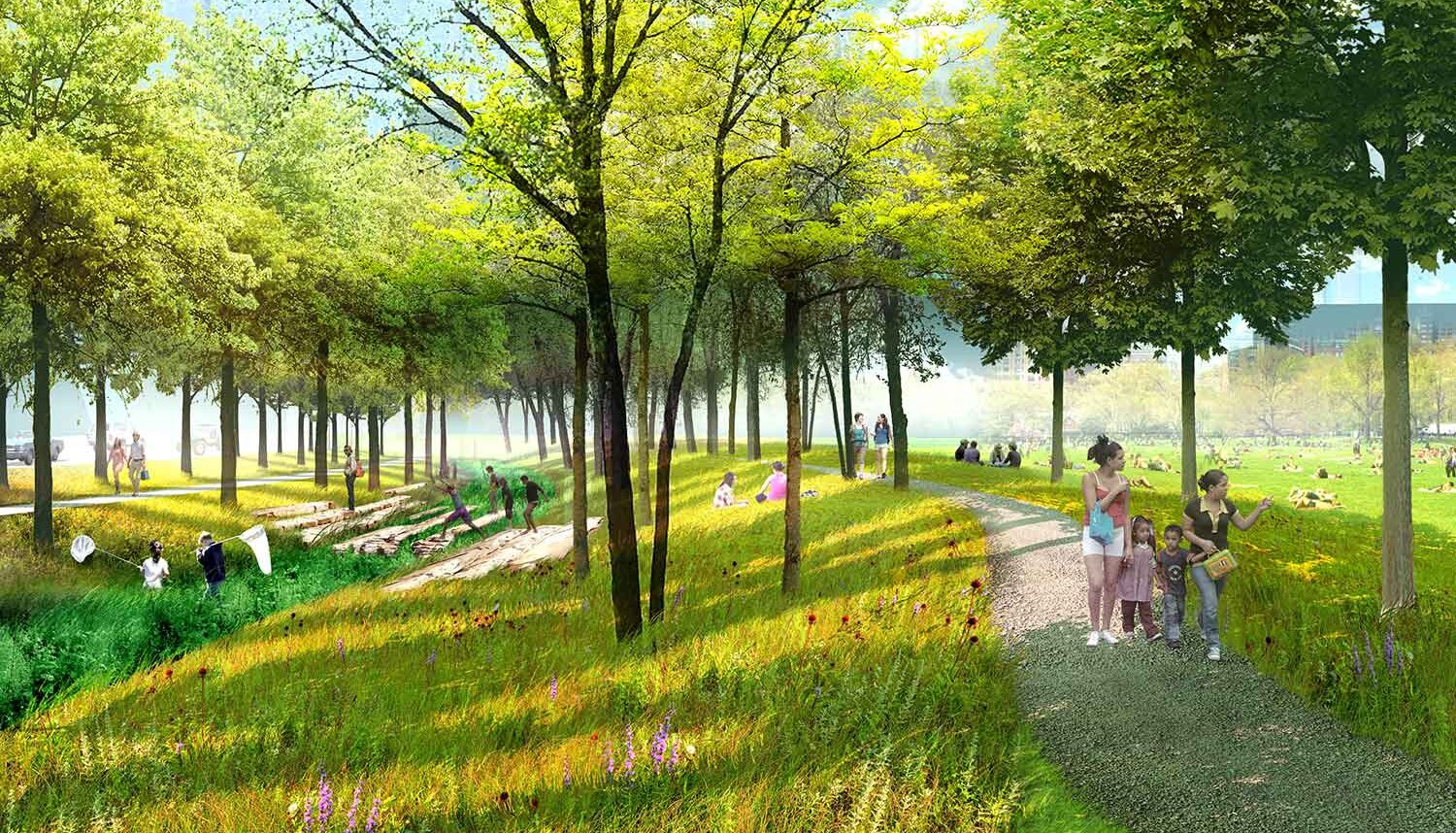 A digital rendering shows a perspective of shady wildflower meadows, gravel paths, and a green creek buffer.