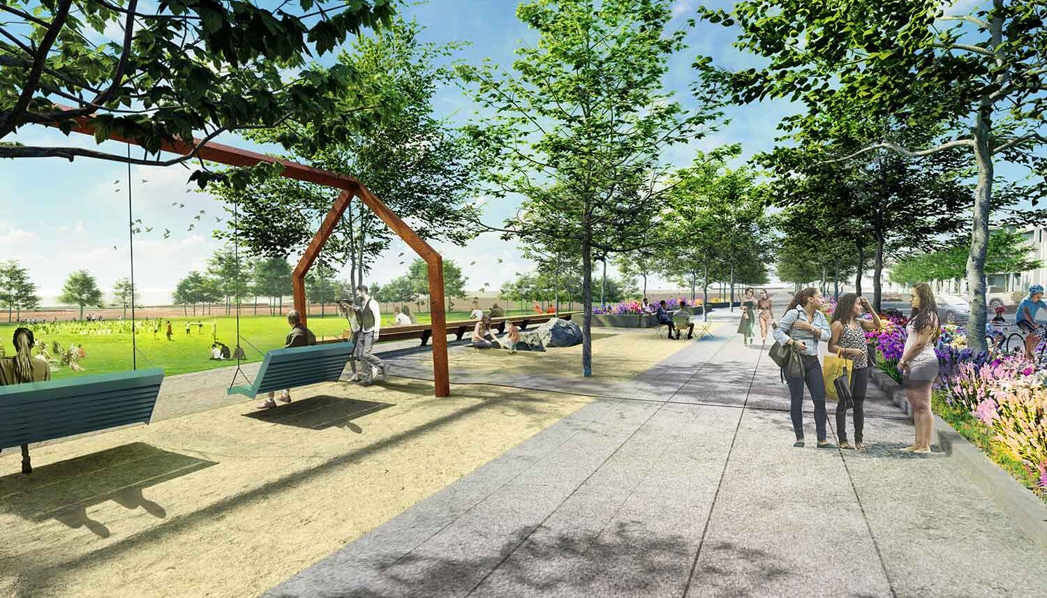 A digital rendering shows a perspective of a flower-lined promenade with swings and trees. In the background is a field with kids playing.
