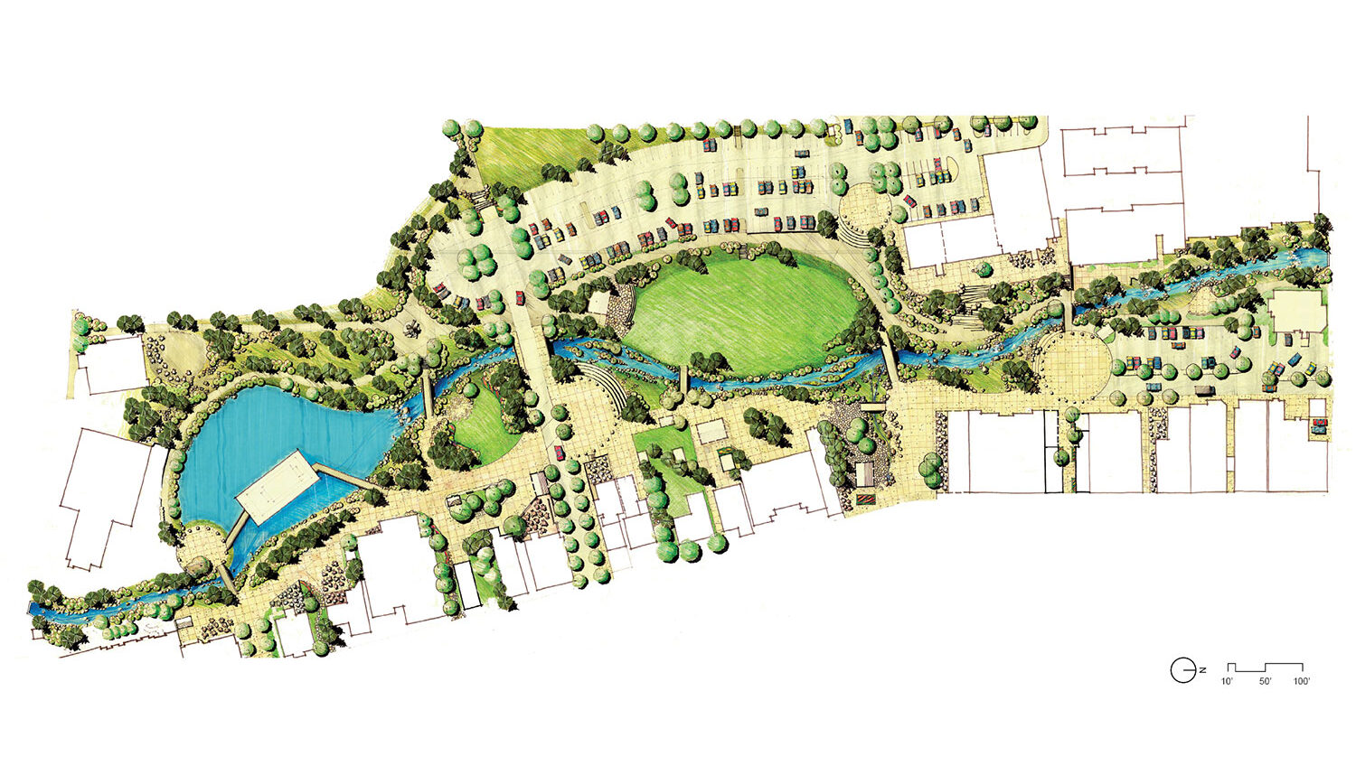 A hand drawn plan view shows the pond, parking lot, bridges, and adjacent buildings to the proposed Blue River.