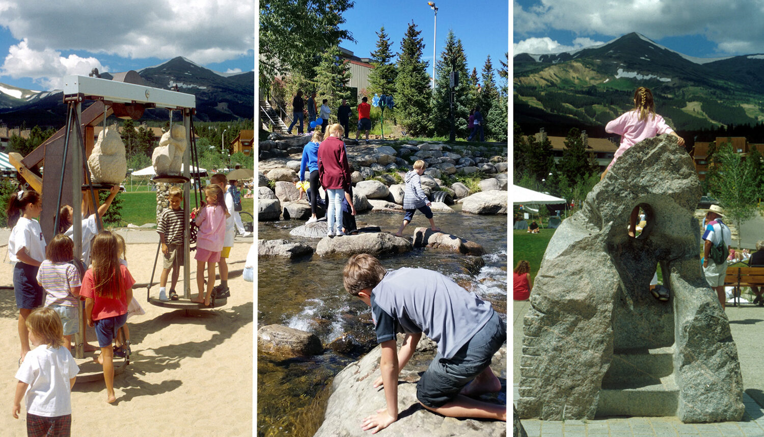 Three photos in this image. First, children explore an art installation of hanging stone sculptures. Second, children play in the water of the river. Third, children climb on a large stone sculpture with the mountains in the background.
