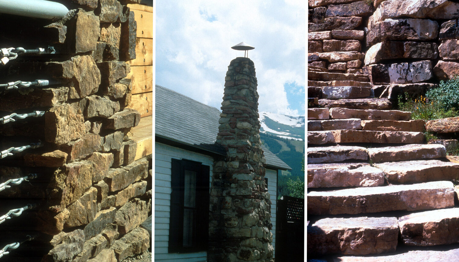 Three photos in this image. First, a close-up of a stacked stone wall with tension wire guardrails. Second, an old, stacked stone chimney. Third, rough cut stone steps ascend out of the frame.