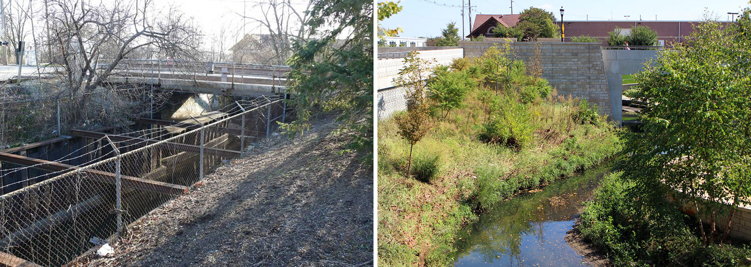 Before and after image of the creek before the park and creek restoration. Before, the Boneyard Creek is an industrial looking waterway with a chainlink fence keeping people out. Today, vegetation lines the creek edge, with a park that allows safe access to the water's edge.