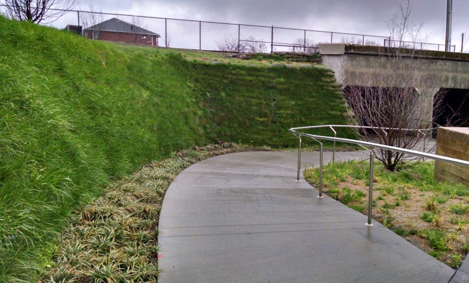 A green vertical grass wall lines one edge of the path down to the creek's edge.