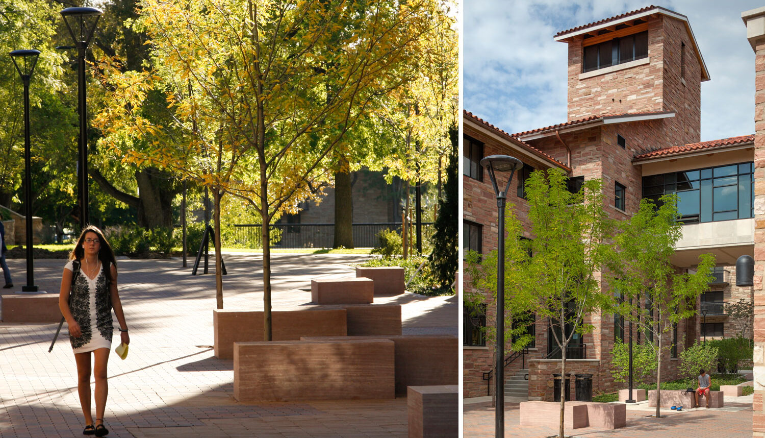 Two images. One shows a student walking through a brick plaza with sandstone benches and honey locust trees.