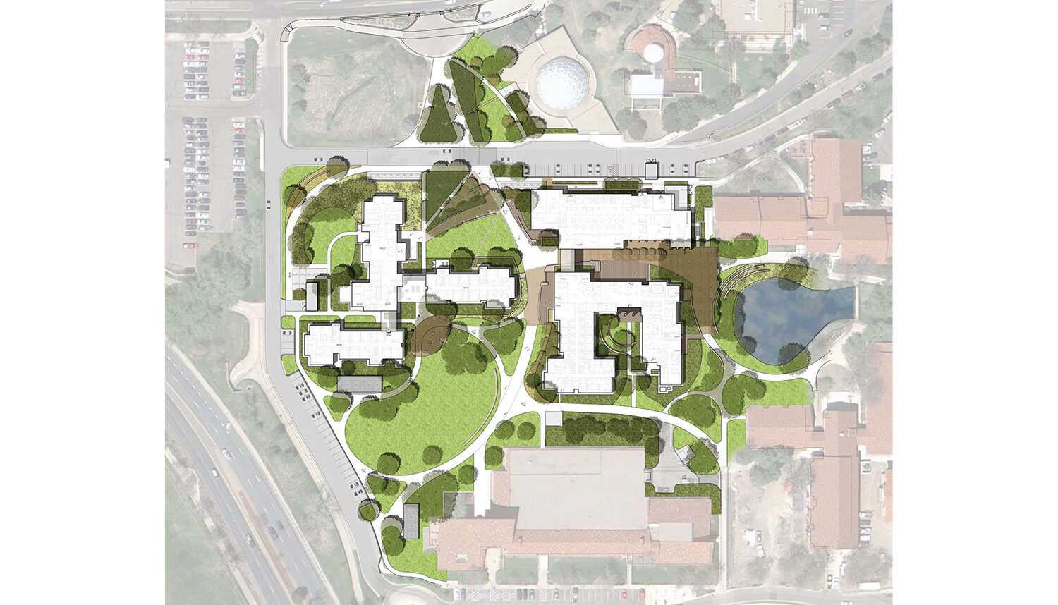 A digital plan view shows the turf, trees, pond, and buildings.