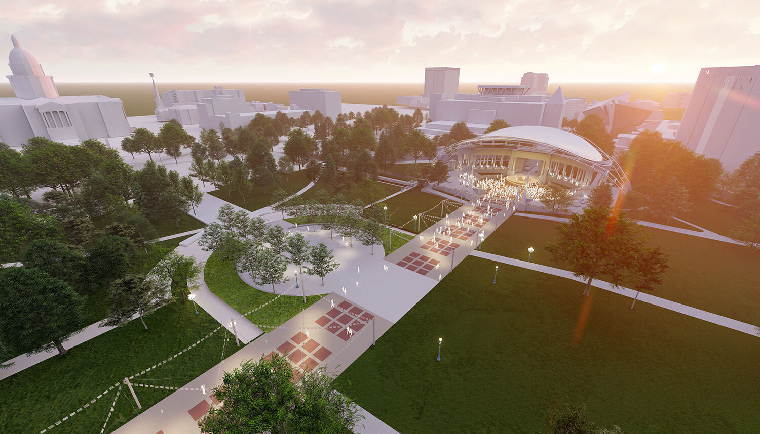 A digitally rendered perspective shows a lighted promenade leading to an amphitheater.