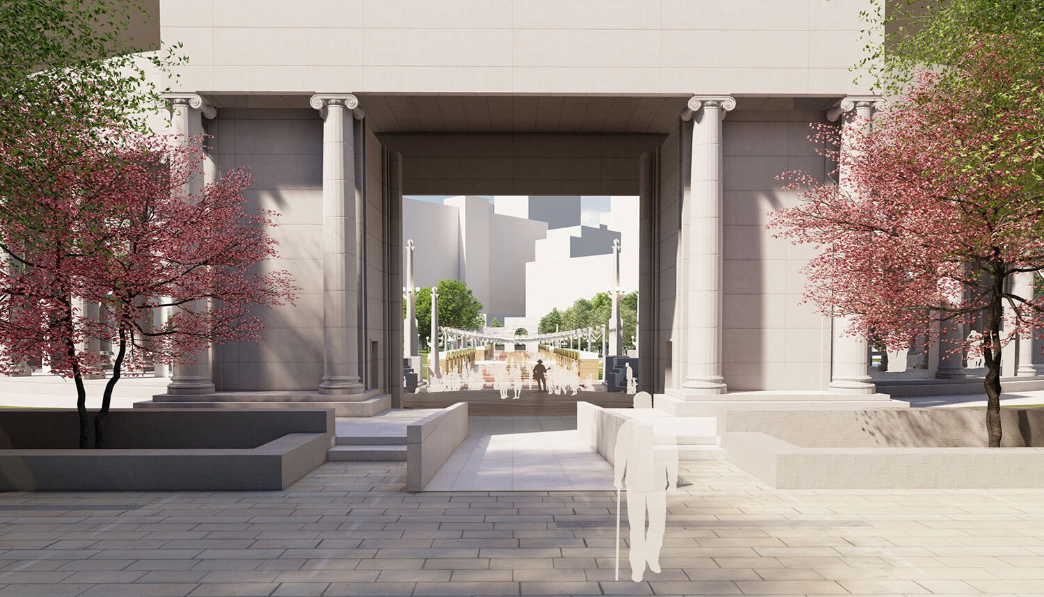 A digitally rendered perspective faces a large, marble entryway leading to a promenade.