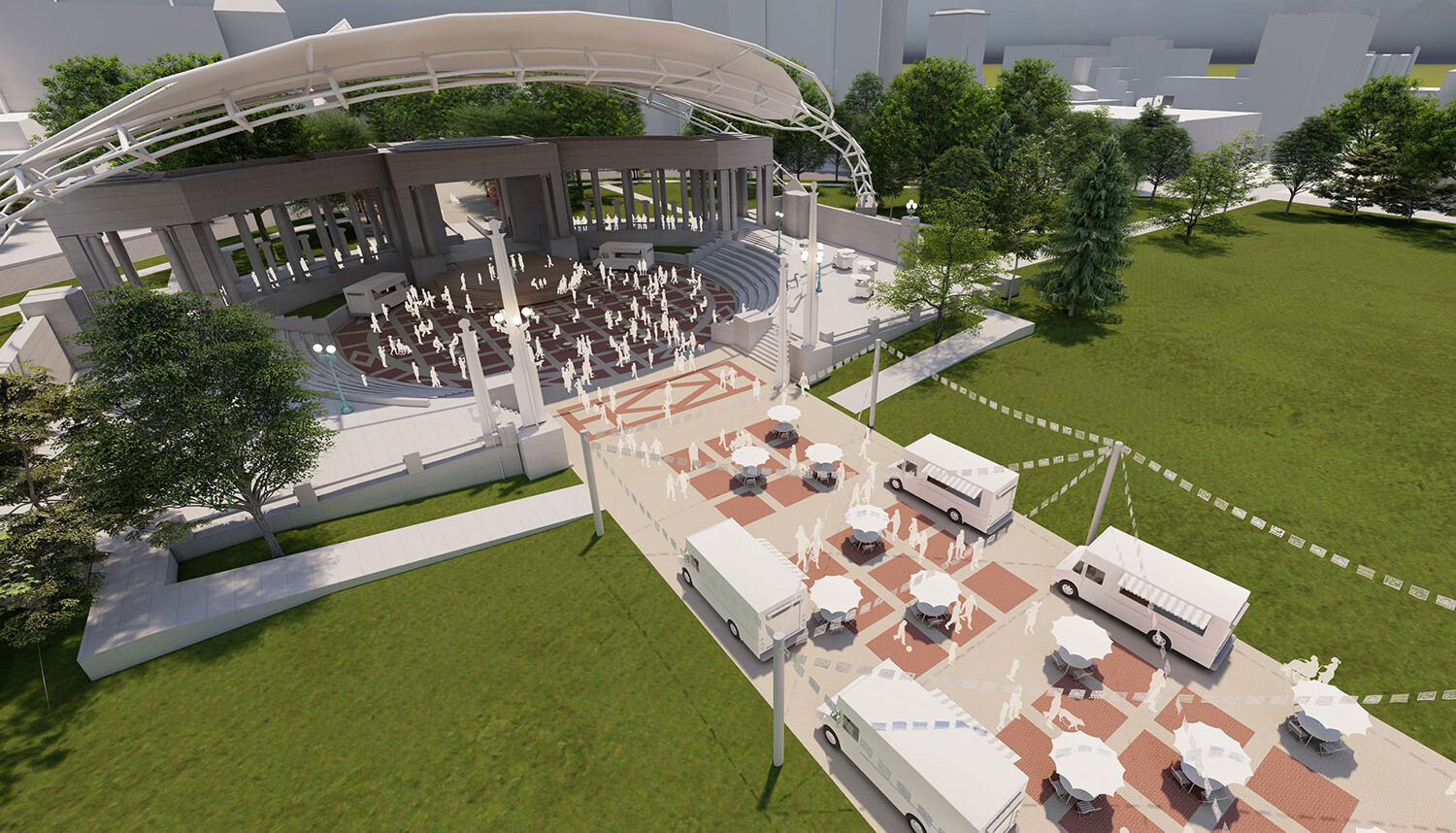 A digitally rendered perspective shows food trucks and seating areas along the promenade and people milling in the amphitheater.