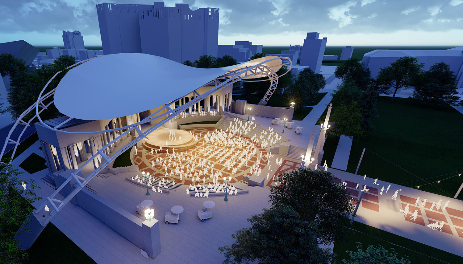 A digitally rendered aerial perspective shows a night-time scene of people gathering in the amphitheater.