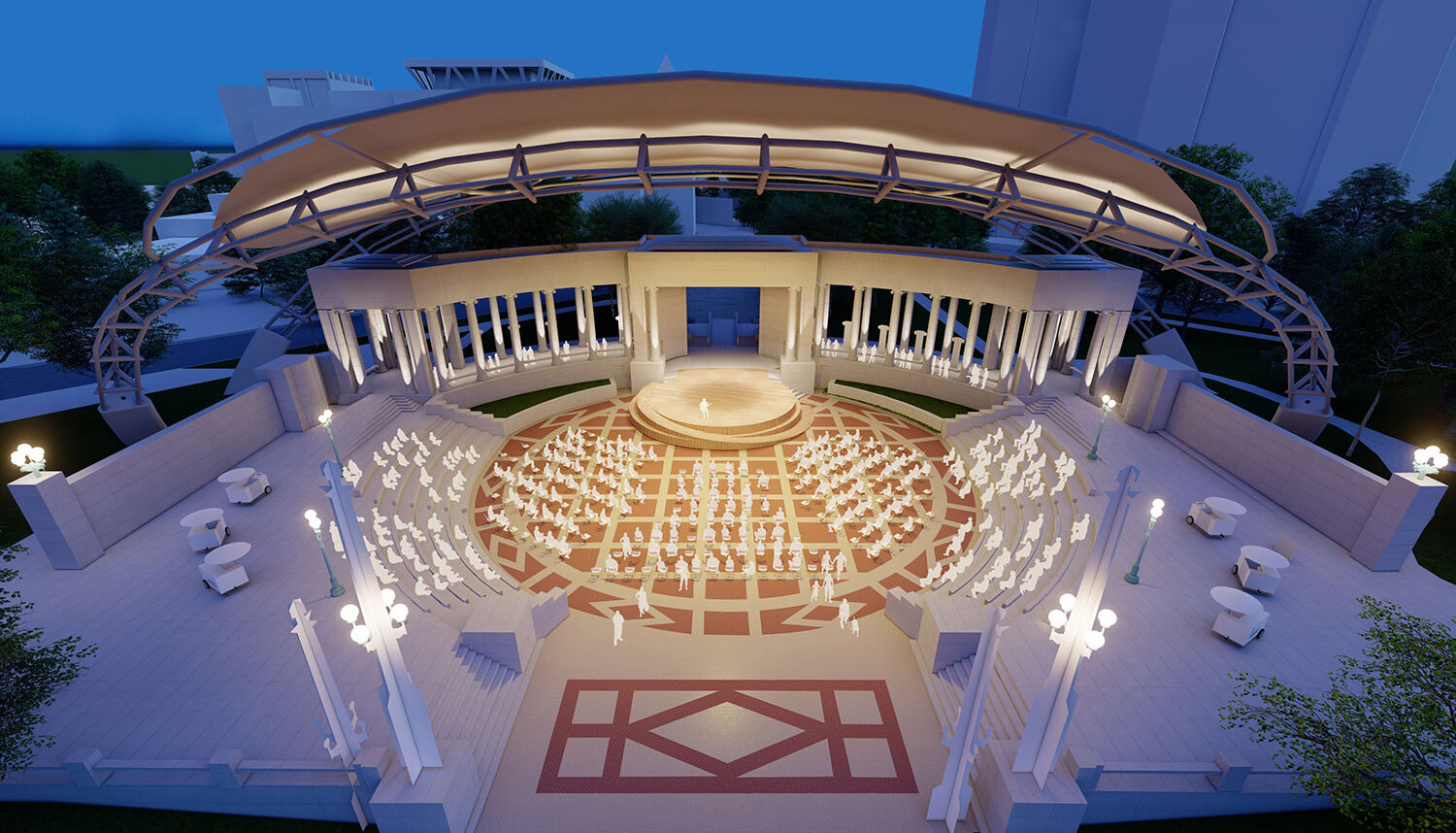 A digitally rendered perspective shows people gathering for a performance in the amphitheater.
