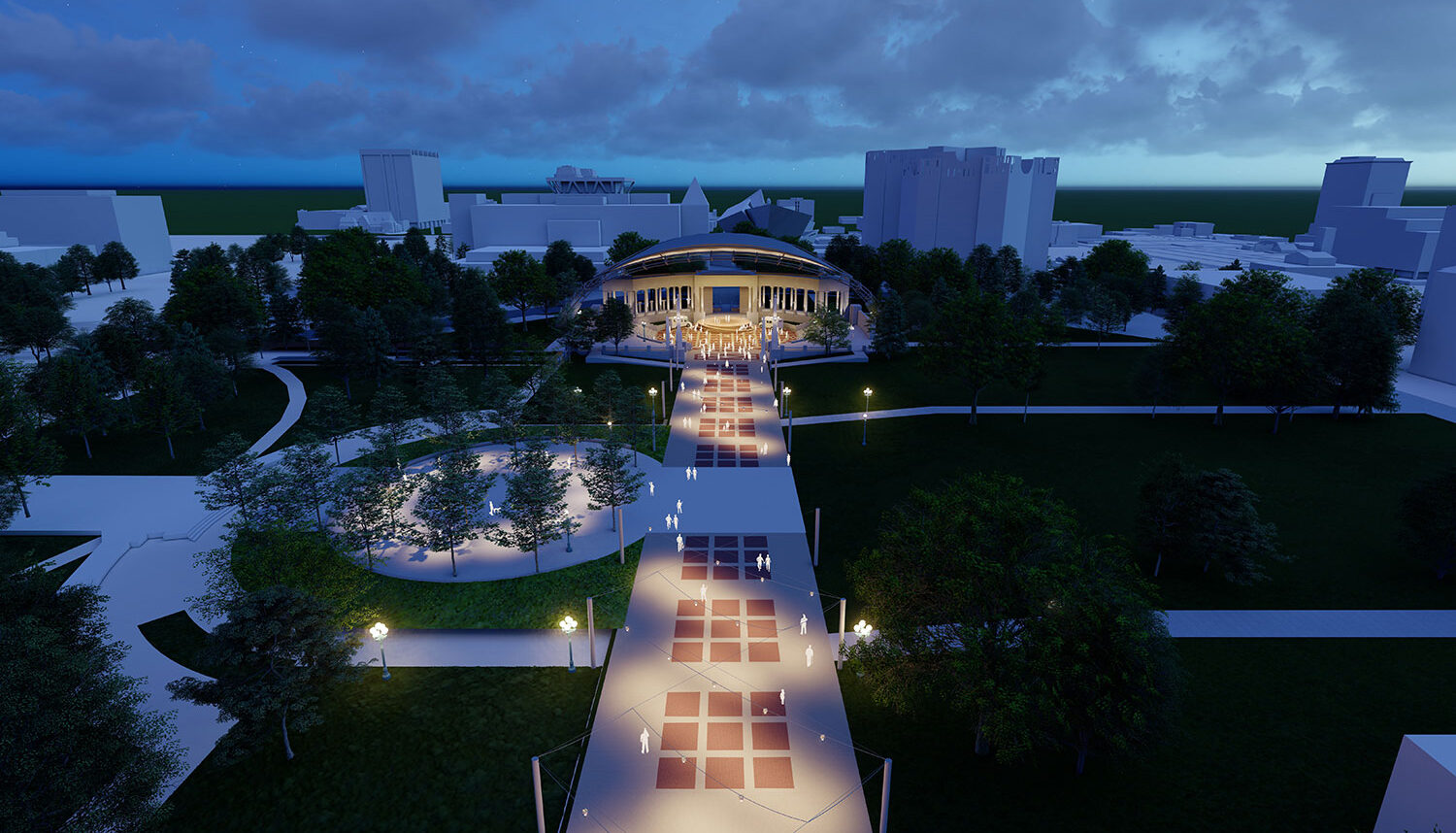 A digitally rendered aerial perspective shows the promenade lit by catenary lighting leading to the amphitheater.