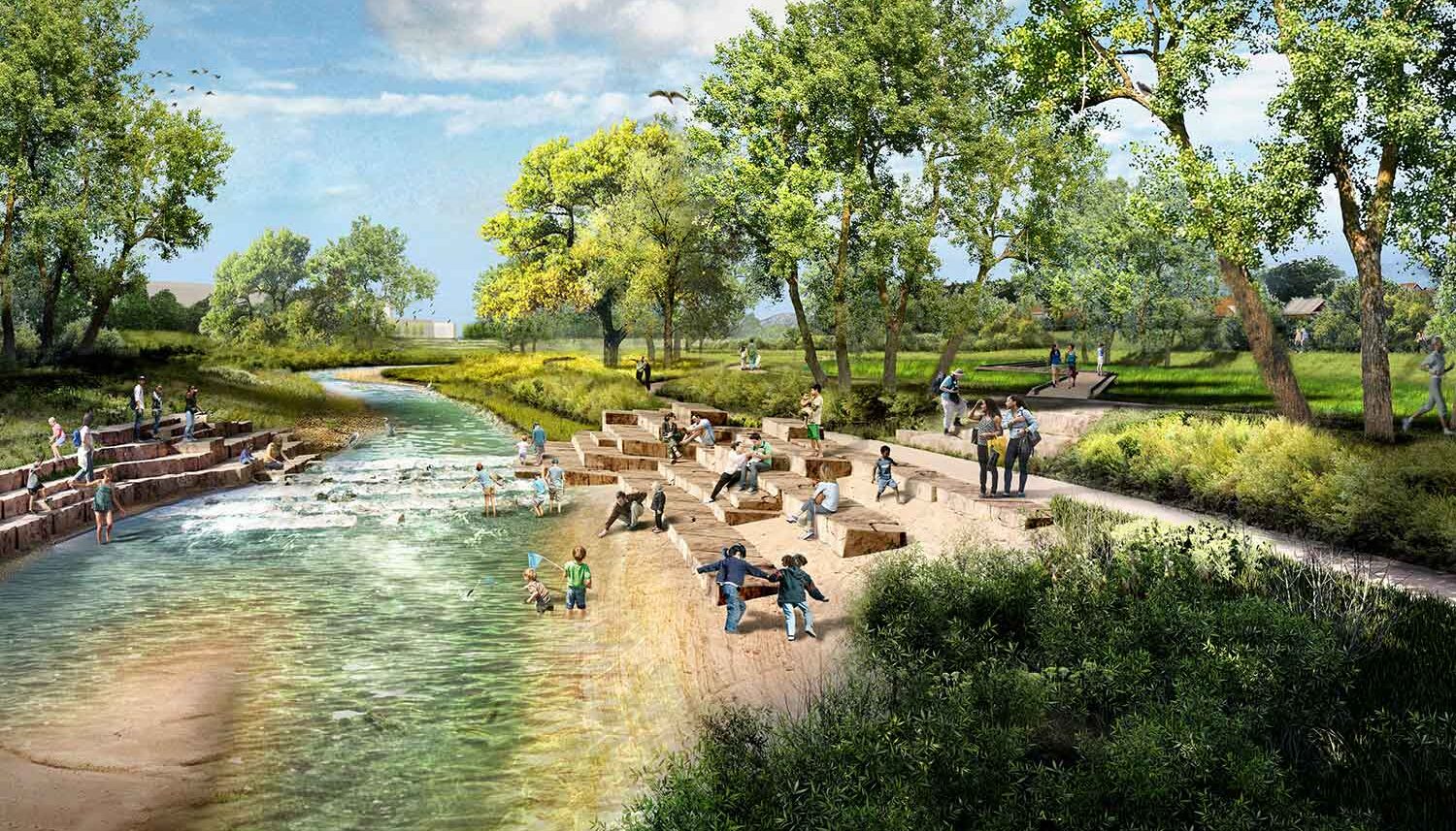 A digitally rendered perspective of kids playing along the banks of the river with a trail behind.