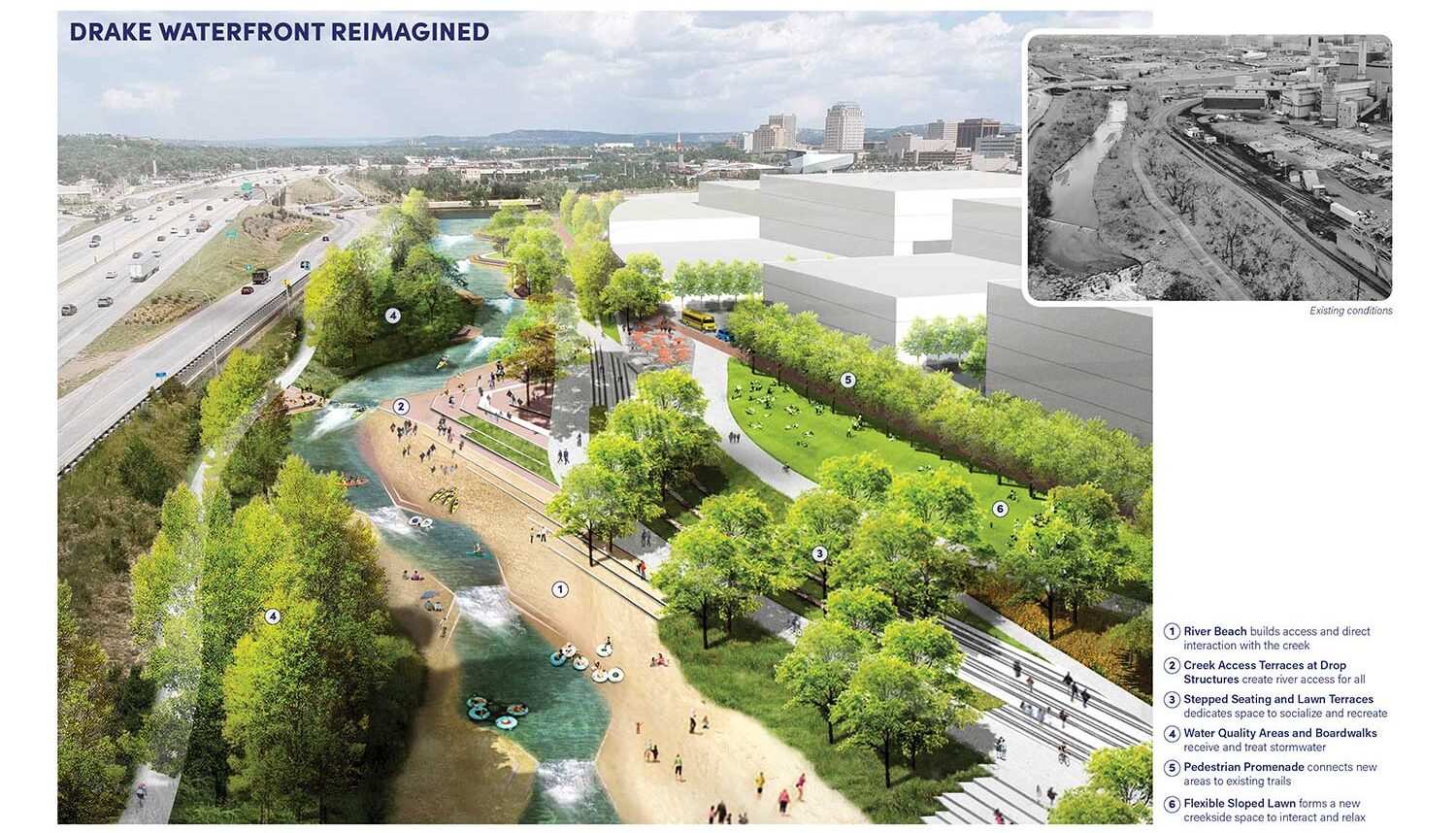 Two images. One digitally rendered perspective of the river with people rubing, swimming, walking the promenade and gathering on the lawn. The second is a black and white image of the existing conditions showing train tracks, a low dam, and an industrial area.