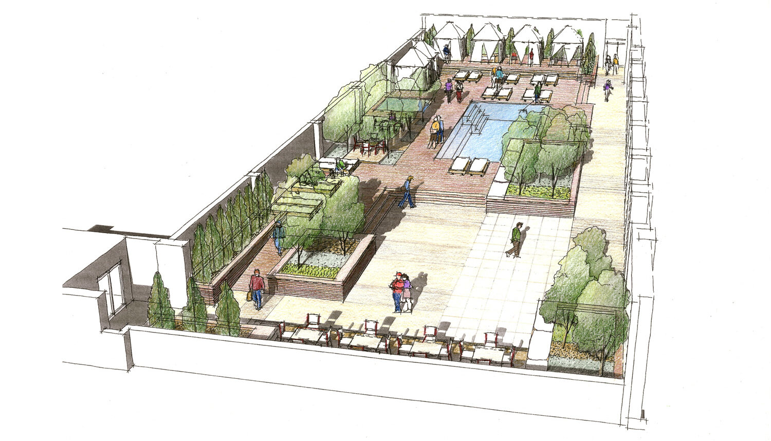 A hand drawn perspective with seating areas, a raised pool, cabanas, and raised planters with trees.