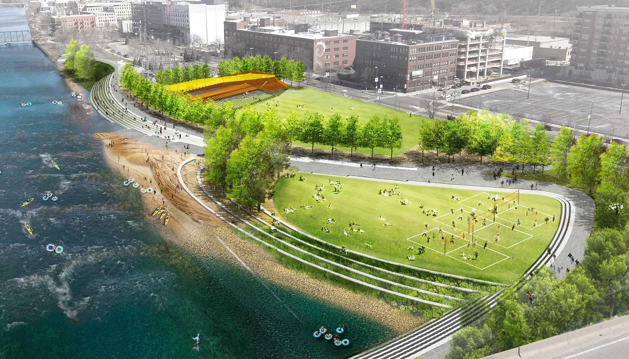 A digitally rendered perspective shows people tubing and kayaking down the river and large lawn areas with volleyball and a performance area.