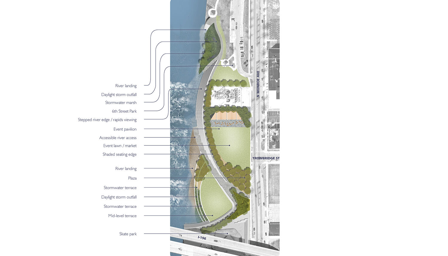 A digitally rendered plan with labels points out important features such as the river landing, event pavilion, event lawn, etc.